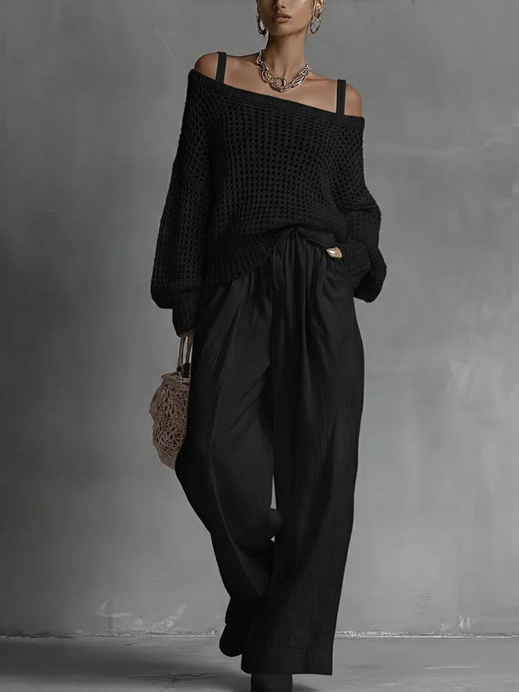 Hollow-Out Knitted Suits Women Loose Pullover Top And Drawstring Straight-leg Pants Casual Two-Piece Set Outfit - Opxy Luxe