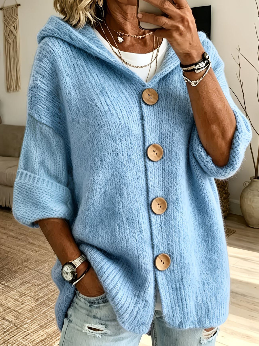 Women's Solid Color Hooded Cardigan Sweater Casual Long Sleeve Button Down Knit Top - Opxy Luxe
