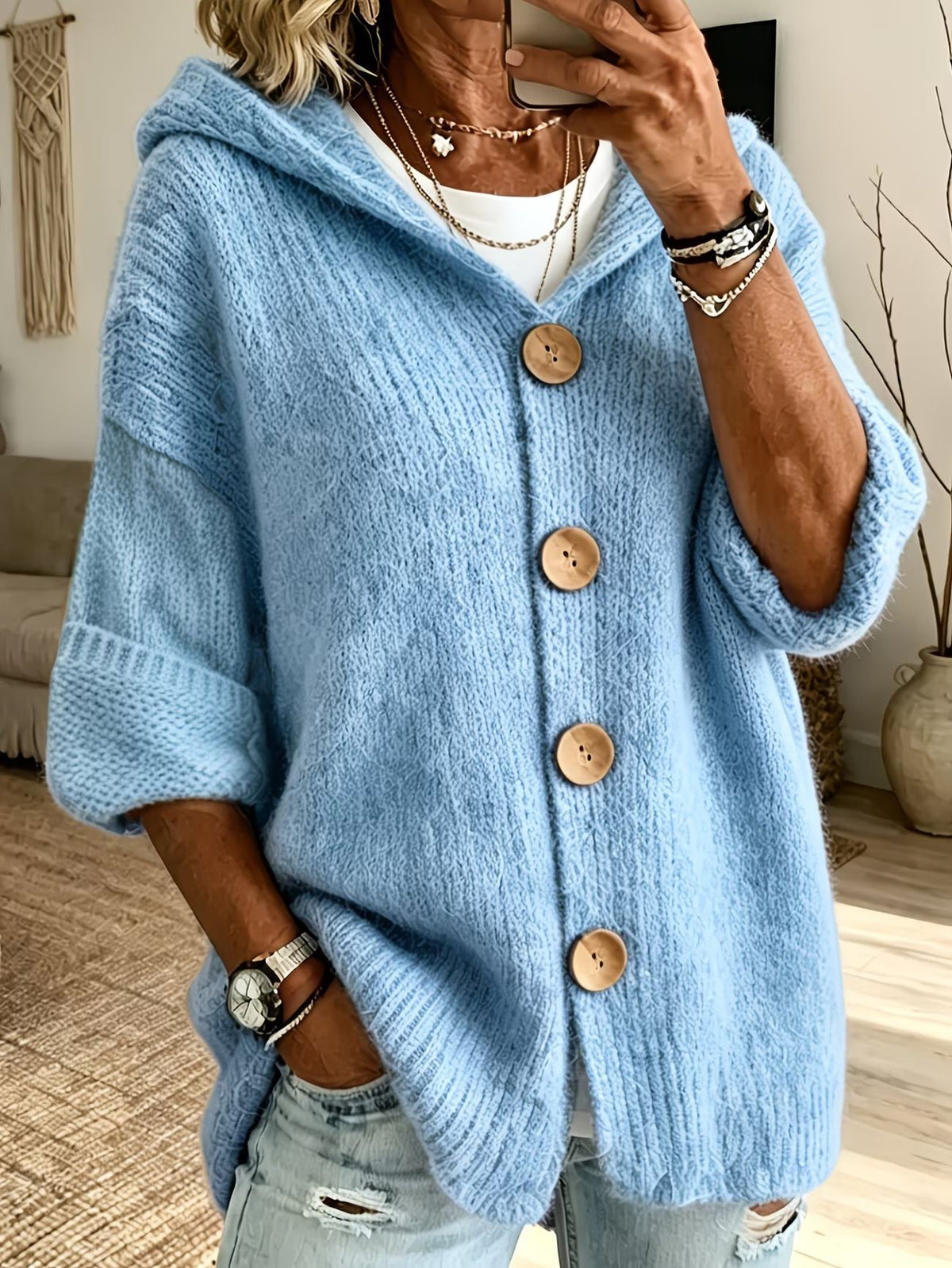 Women's Solid Color Hooded Cardigan Sweater Casual Long Sleeve Button Down Knit Top - Opxy Luxe