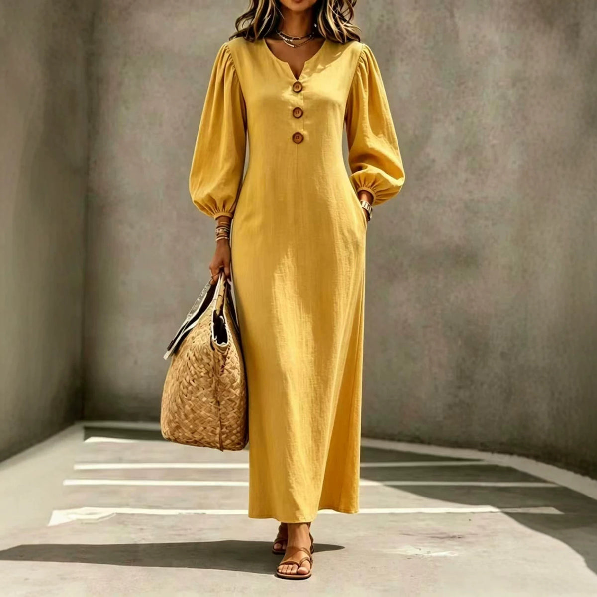 Casual V-neck Buttoned Long Dersses For Women Spring Summer Puff-sleeve A-line Dress For Daily Wear Vacation Outfits - Opxy Luxe