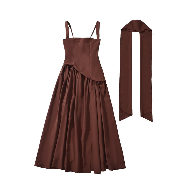 Elegant Olive Green Maxi Dress For Women Summer Flowy Long Dress With Scarf Birthday Party Beach Graduation Dress - Opxy Luxe